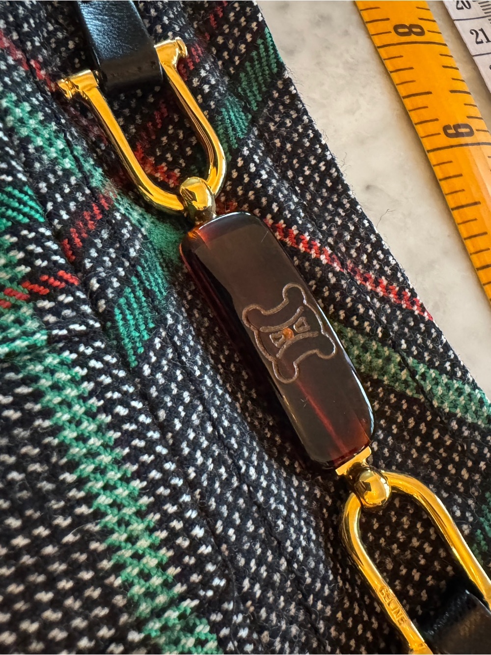 Celine Paris Vintage Wool Plaid Pleated Skirt w/ Tortoise Gold Hardware Size 42 - Picture 5 of 12